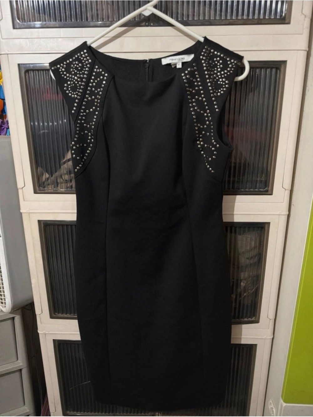 Max & Cleo Black Strapless Sheath Dress with Stud Embellishments